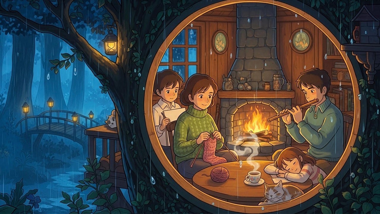 Whispers of Rain in Our Woodland Treehouse | Firelight, Family & Peaceful Night ASMR