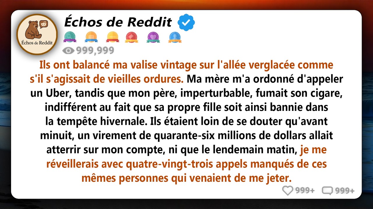 Ma famille a jeté ma valise vintage sur l'allée glacée comme si elle se débarrassait de vieilles...