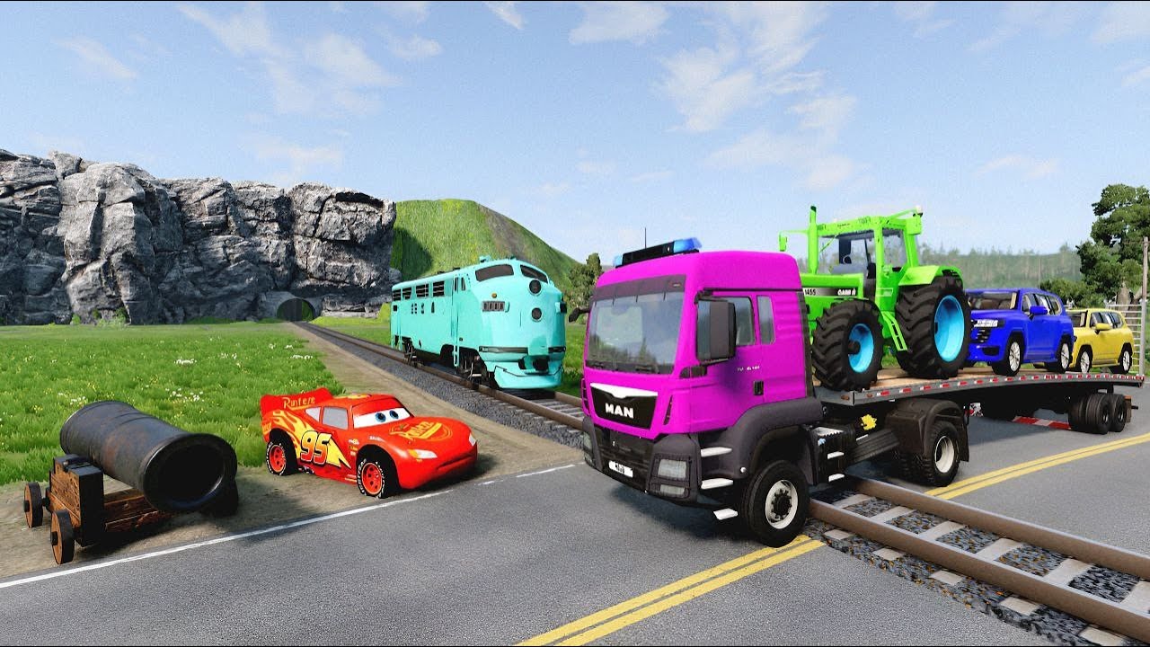 TRANSPORTING PIXAR CARS & FRUITS WITH COLORED & JOHN DEERE vs CLAAS vs TRACTORS - BeamNG.drive #962