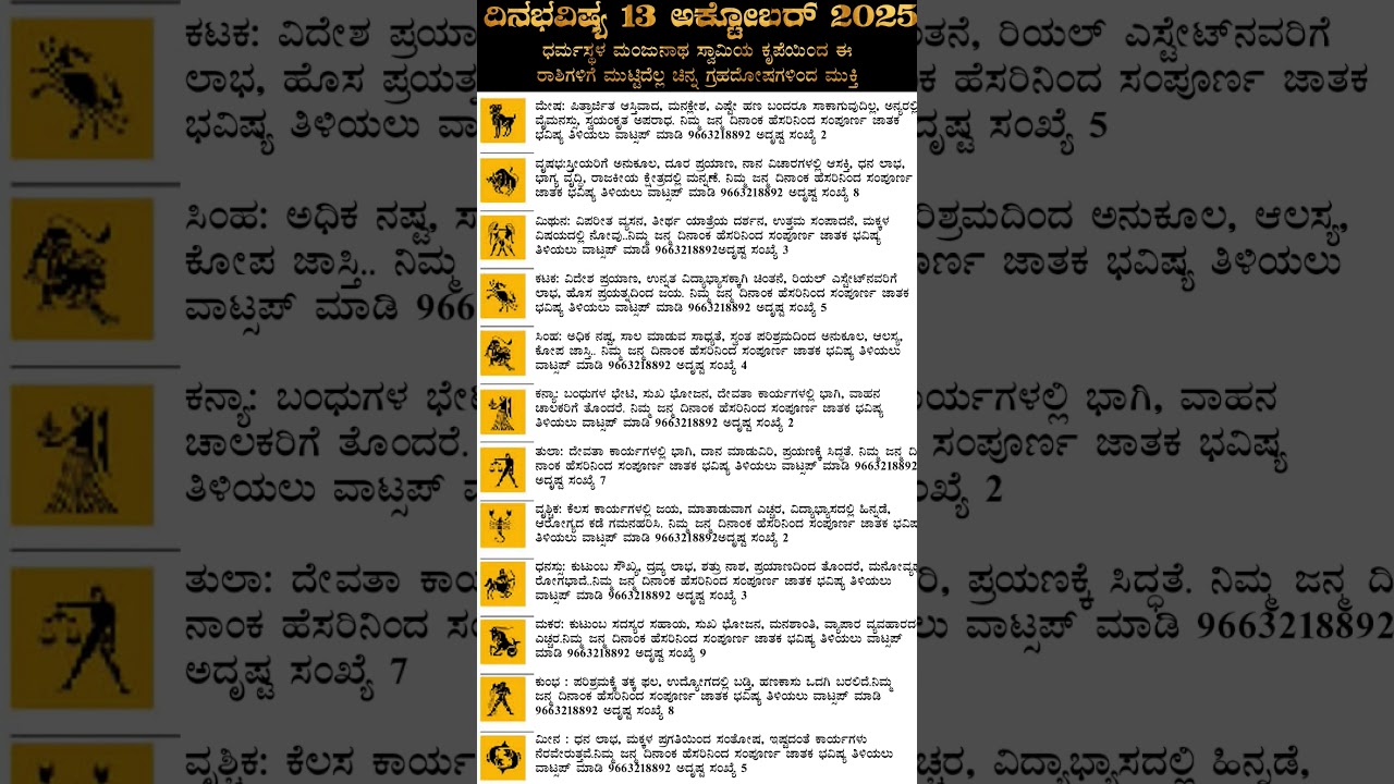 Dina Bhavishya | 13 October 2025 | Daily Horoscope | Rashi Bhavishya | Today Astrology in Kannada
