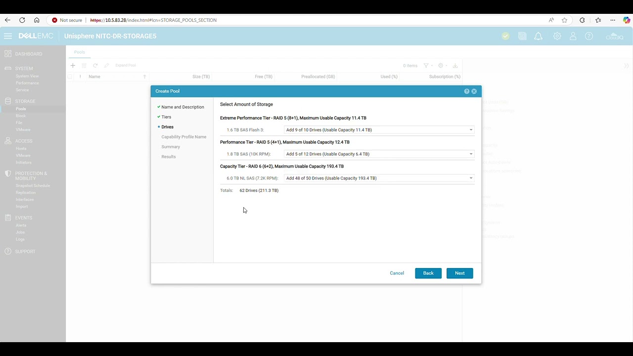 Configuring a Dell EMC SAN storage pool and LUNs