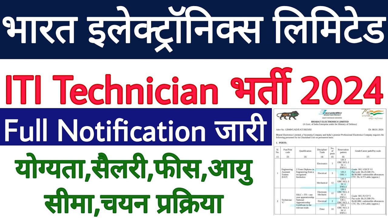 BEL Technician Recruitment 2024 | Full Notification Out | Ministry of Defence ITI Govt Job 2024 |