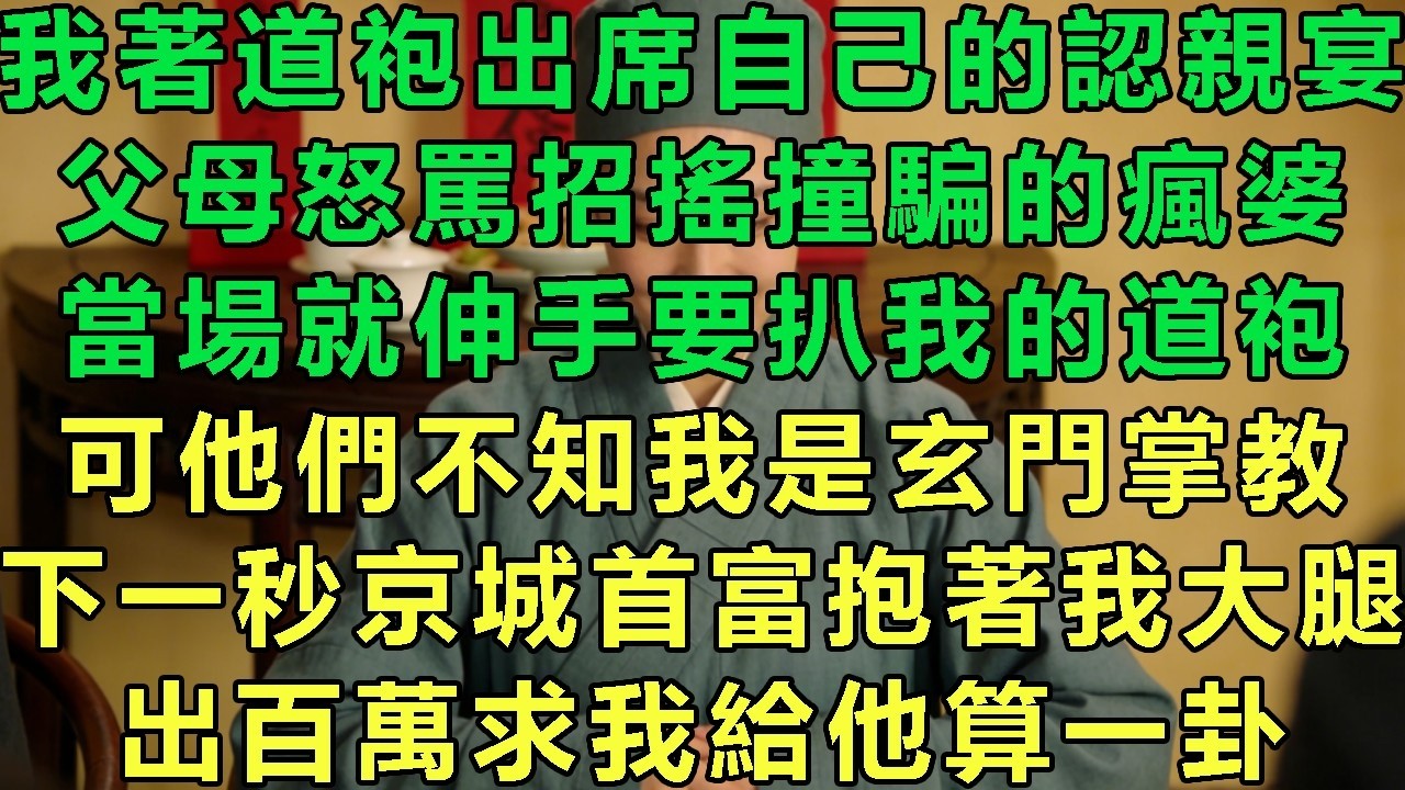 我著道袍出席自己的認親宴，父母怒罵招搖撞騙的瘋婆，當場就伸手要扒我的道袍，可他們不知我是玄門掌教，下一秒京城首富抱著我大腿，出百萬求我給他算一卦#故事 #靈異故事 #情感故事 #玄學