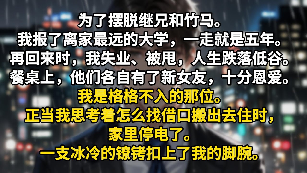 为了摆脱继兄和竹马。我报了离家最远的大学，一走就是五年。再回来时，我失业、被甩，人生跌落低谷。餐桌上，他们各自有了新女友，十分恩爱。我是格格不入的那位。正当我思考着怎么找借口搬出去住时，家里停电了。