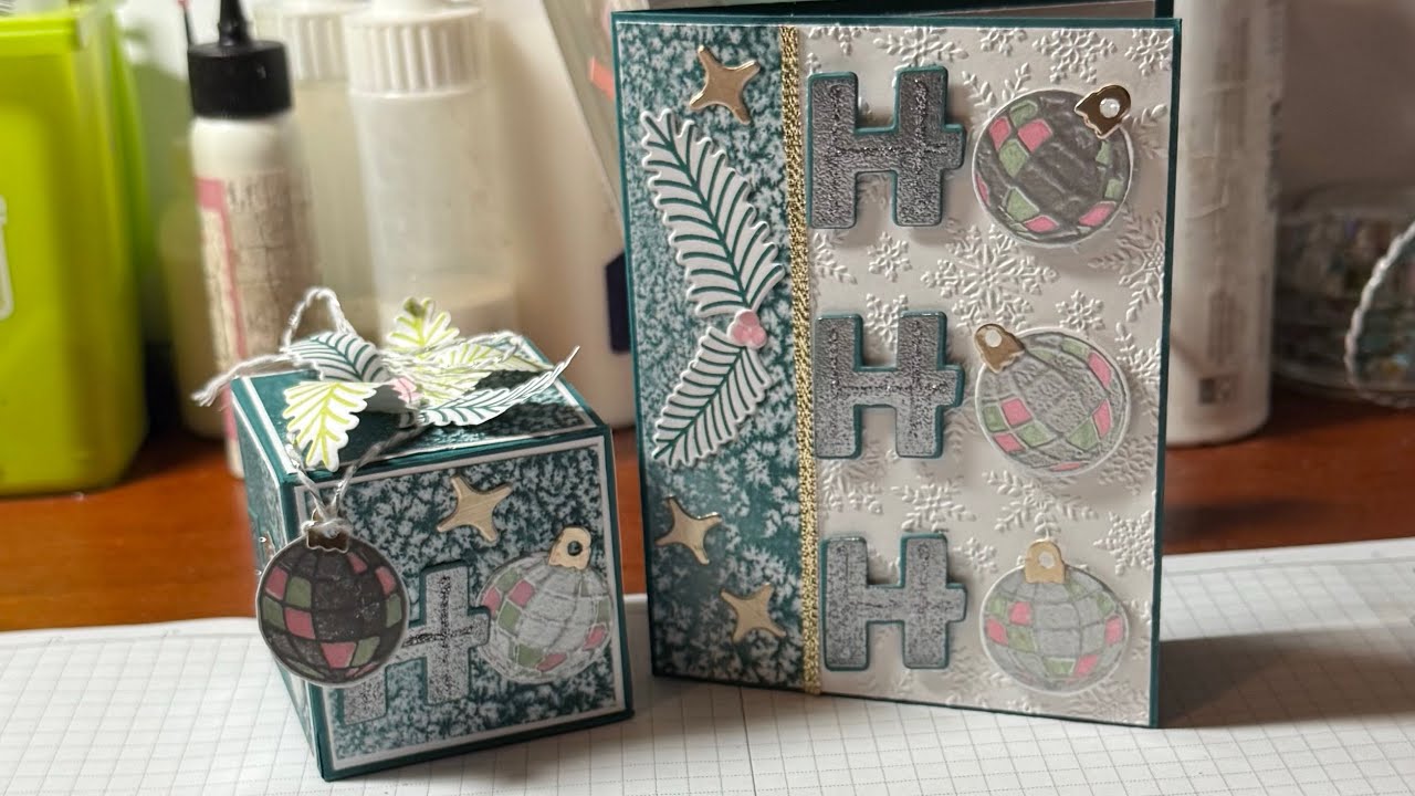21/2” square box for disco ball ornaments and matching card using Hero Arts & Stampin Up!