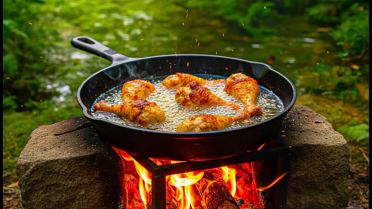 Crispy Campfire Fried Chicken &mdash; Cast Iron Drumsticks Recipe Outdoor Cooking ASMR