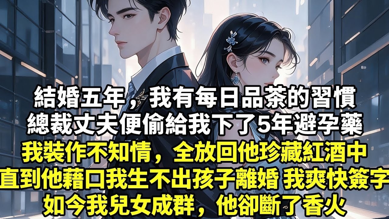 結婚五年，我有每日品茶的習慣總裁丈夫便偷給我下了5年避孕藥我裝作不知情，全放回他珍藏紅酒中直到他藉口我生不出孩子離婚 我爽快簽字如今我兒女成群，他卻斷了香火【現實情感】【豪門言情】