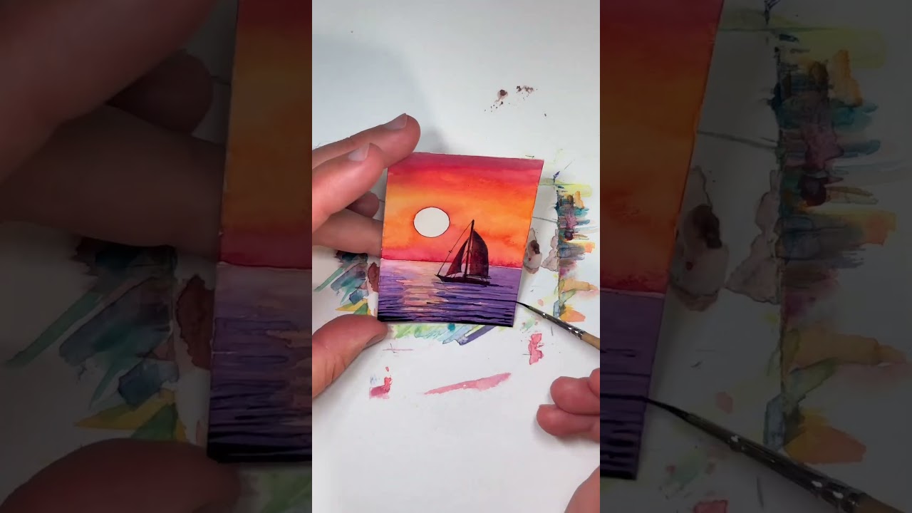 Colorful sunset. ACEO Painting 🌅 ⛵️❤️ #watercolorpainting #watercolor #watercolorart #art #aceo