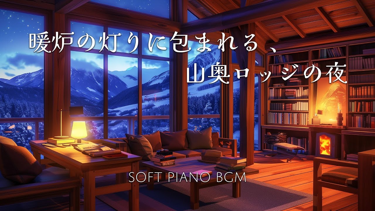 暖炉の灯りに包まれる、山奥ロッジの夜 | Soft Piano BGM