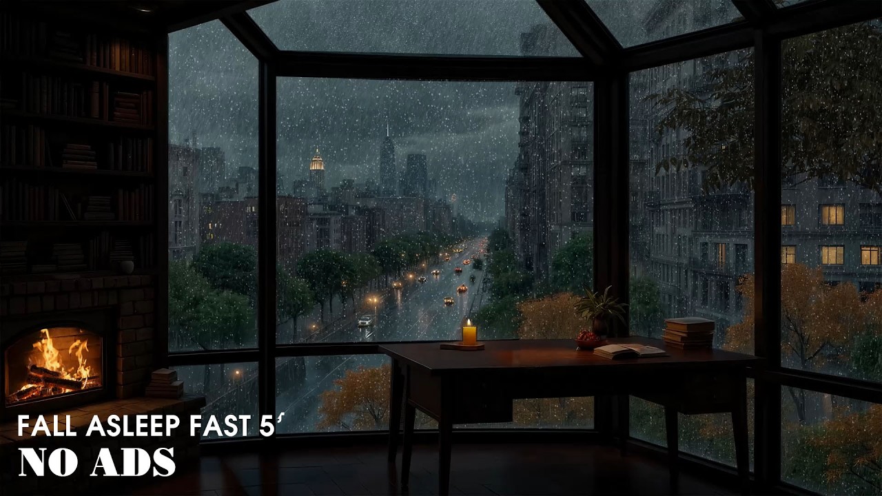 Stormy Rainy Night Over London in a Cozy Bedroom 🌧️ Rain, Gentle Thunder & Fireplace for Deep Sleep