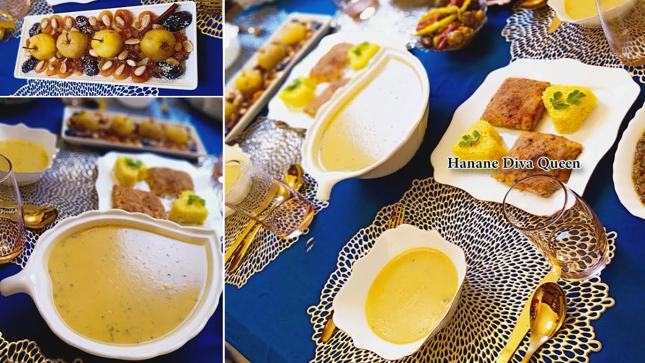 اقتراح طاولة رمضان حساء الماييس 🍲 خبز الفيسال ❤طبق رئيسي مربعات الدجاج المحشي❤ طاجين حلو بأسهل وصفة