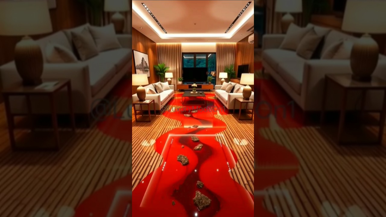 Bamboo Living Room with Red Epoxy River Floor 