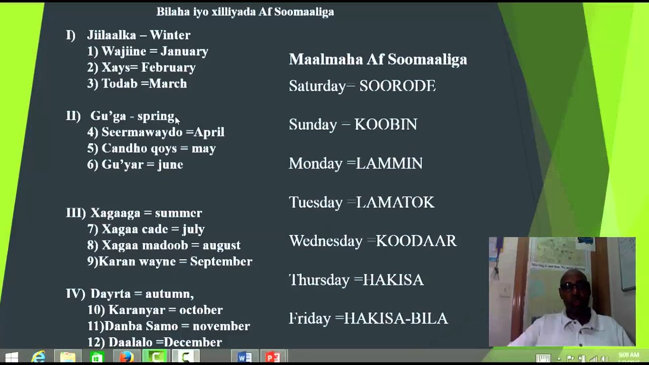 Bilaha iyo Maalmaha Af Soomaaliga
