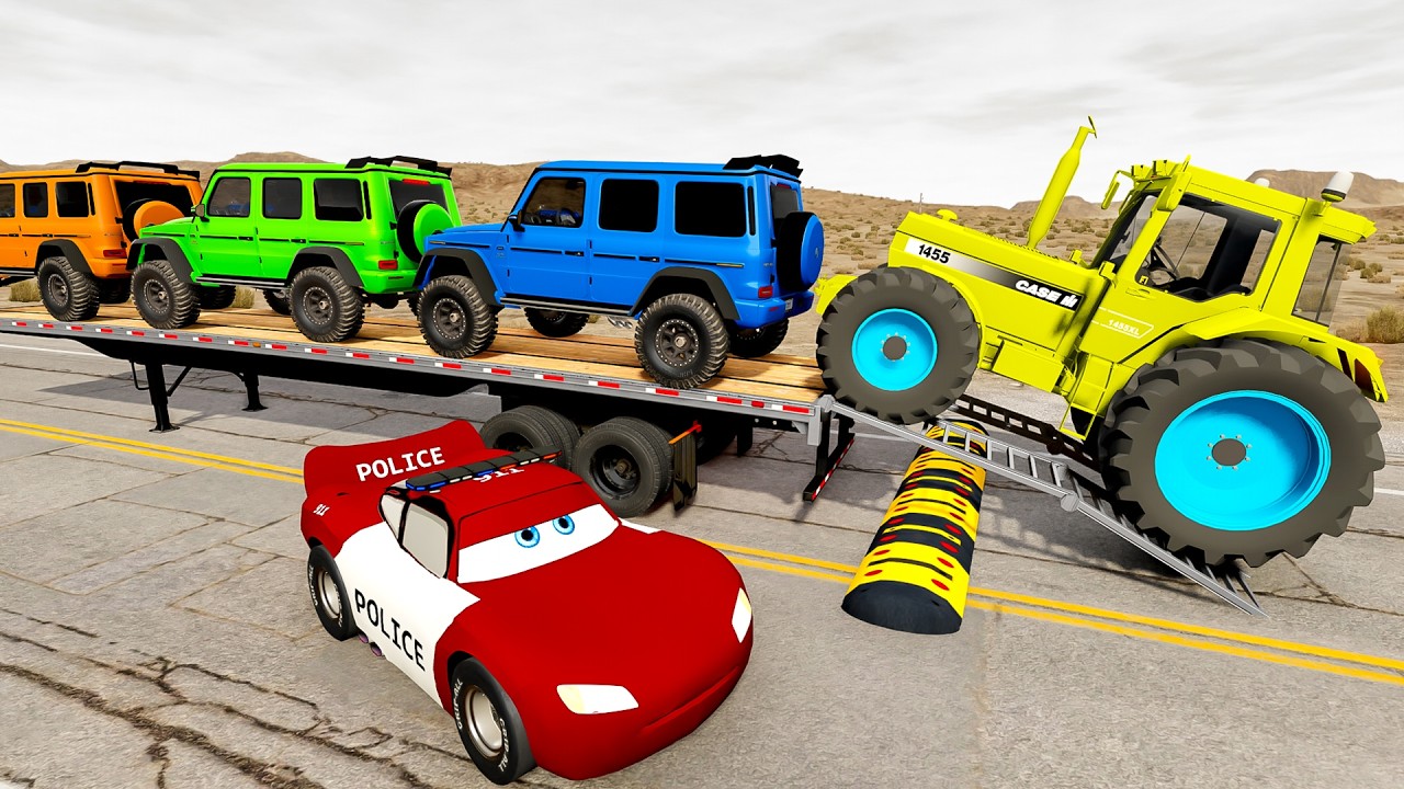 TRANSPORTING PIXAR CARS & FRUITS WITH COLORED & JOHN DEERE vs CLAAS vs TRACTORS - BeamNG.drive 