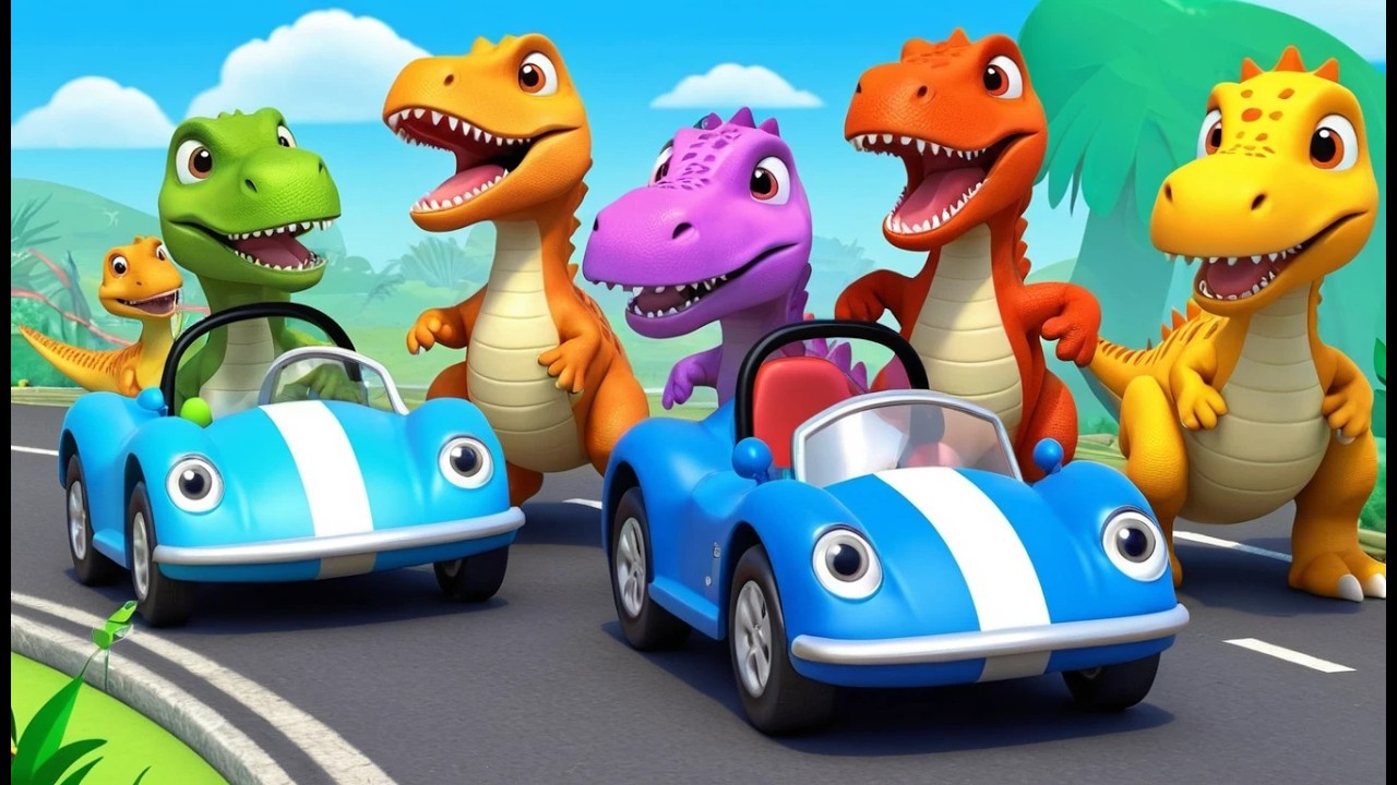 Trois petits dinosaures sur des voitures