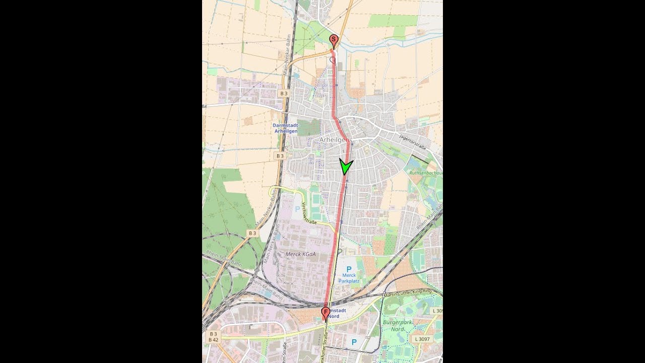 Stadtdurchfahrt in Darmstadt/DA:  Stadtteil Arheilgen (Nord rein, Süd raus)