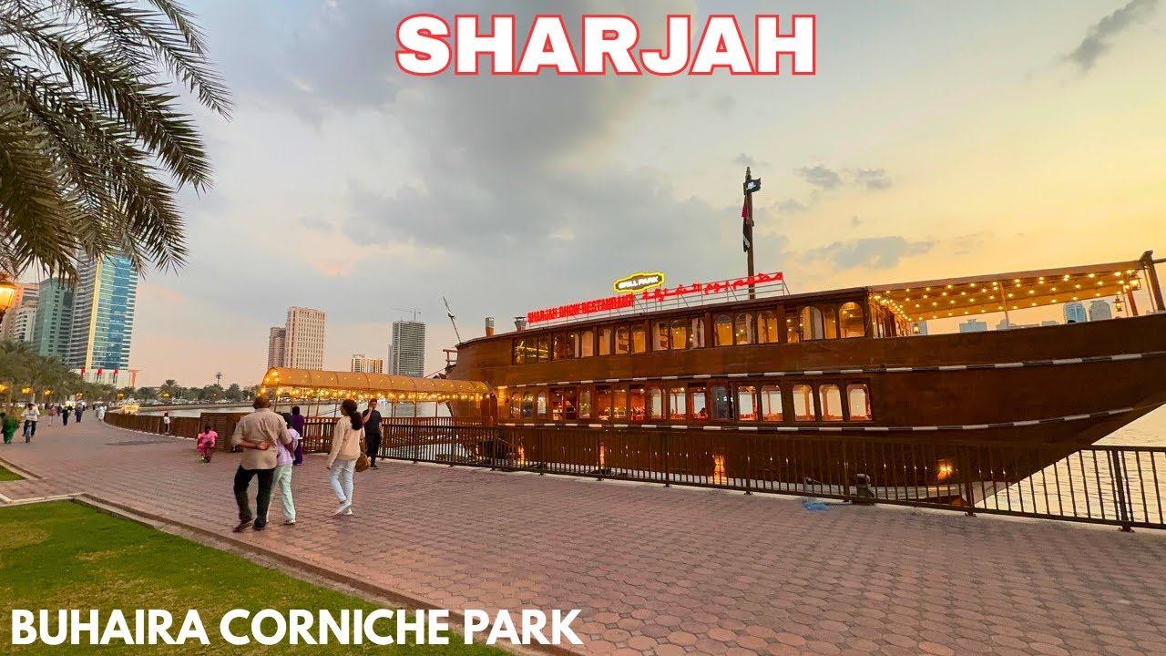 SHARJAH 4k 🇦🇪 | Relaxing Evening BUHAIRA Corniche Park Walking Tour | UAE