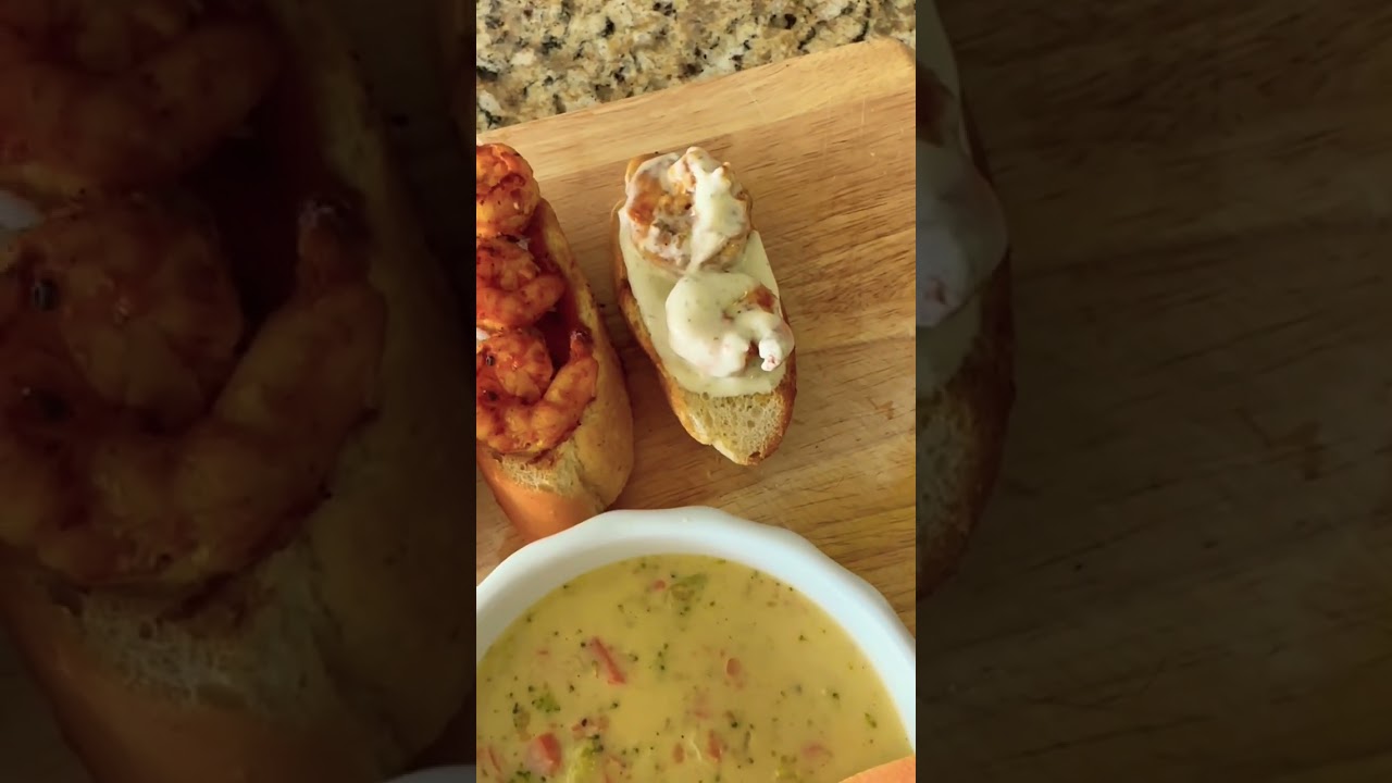 Today lunch menu | broccoli cheddar soup | shrimp & chicken bruschetta 