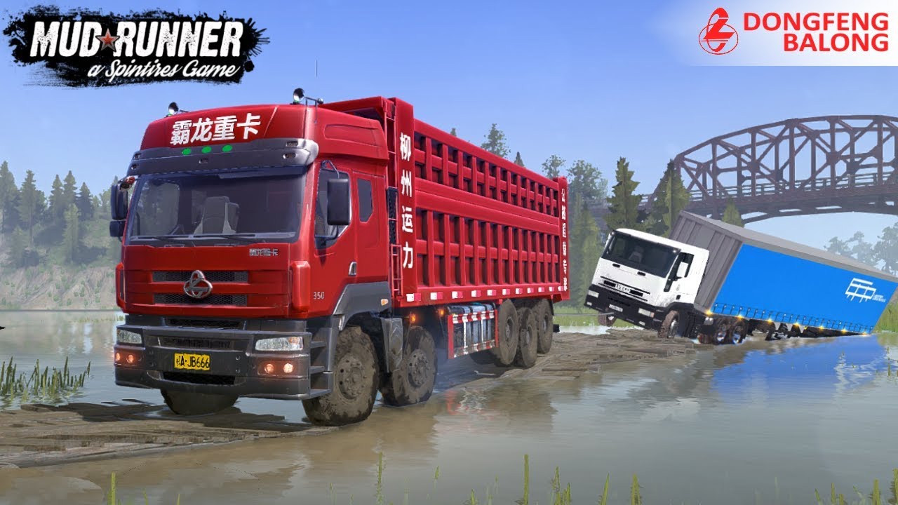 Spintires: MudRunner - DONGFENG BALONG 350 6X12 Pulls a Fallen Truck into the Water