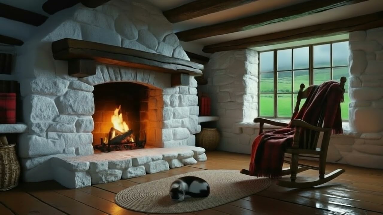 Warm Irish Cottage Fireplace 🔥 Cat Sleeping on the Rug & Rain Outside (3 Hour Ambience)