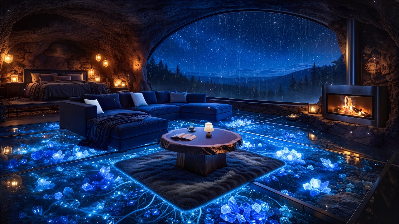 Enchanted Blue Cave 🌌 Warm Fireplace, Rain Sounds & Dark Ambient Vibes