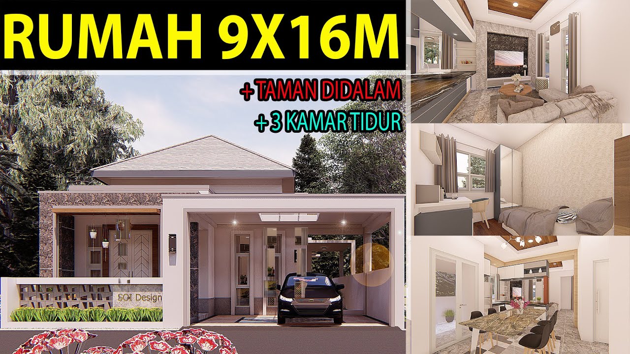 DESAIN RUMAH MINIMALIS 9x16 meter 3 TEMPAT TIDUR DAN DINDING MARMER