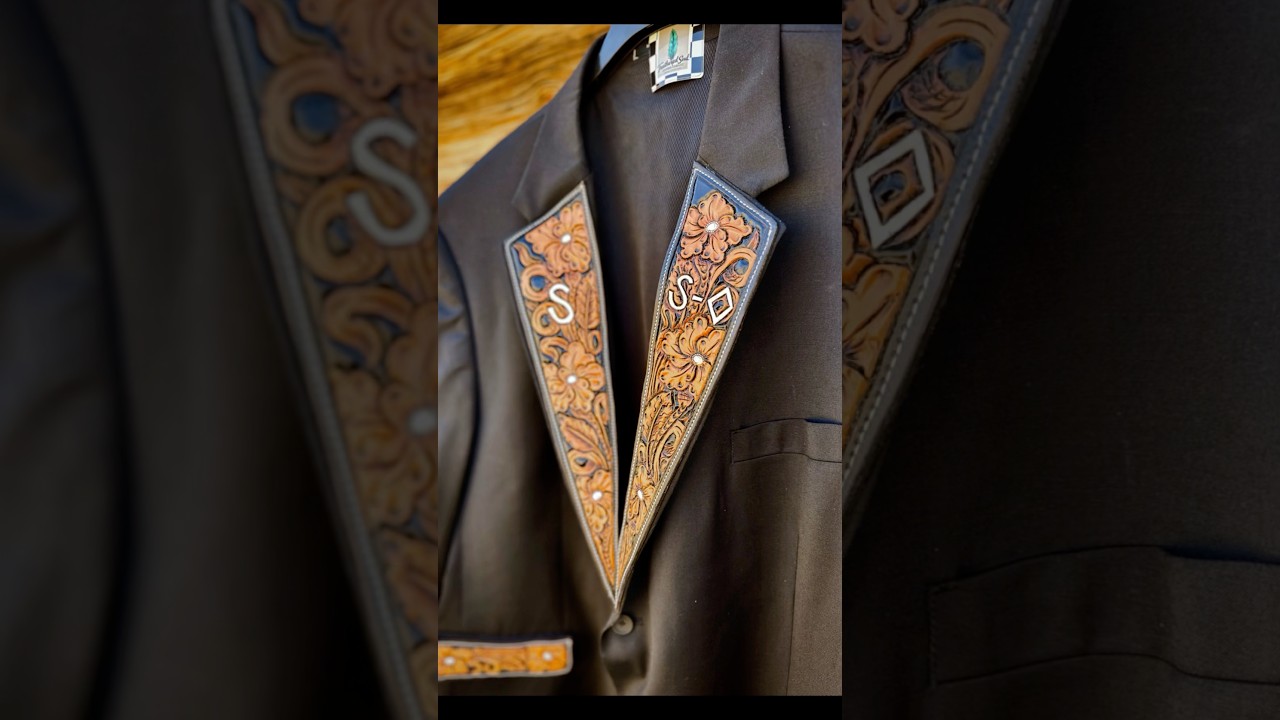 Custom tooled leather lapels added to this groom’s wedding suit — western style meets elegance! 🤵🤠