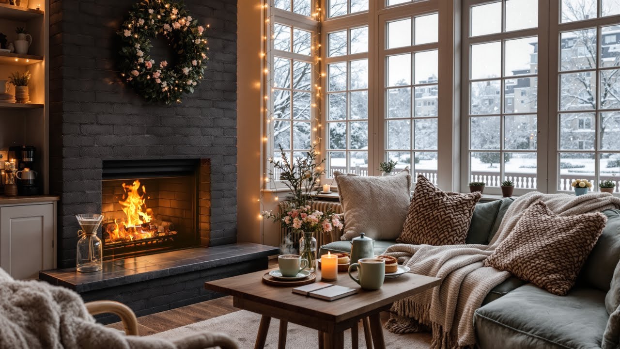 Gentle Snowy Winter Cafe Ambience ❄️☕ Warm Jazz & Fireplace Sounds for Relax & Good Mood