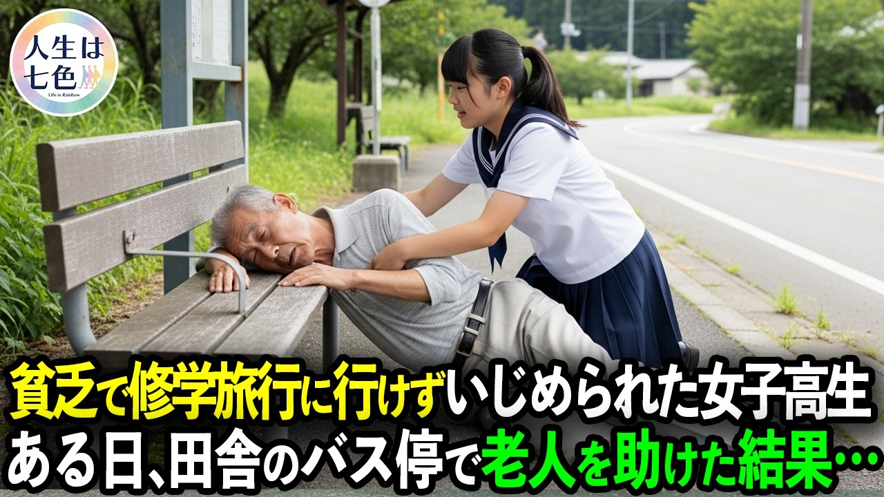 バス停で倒れた老人を助けた貧乏な女子高生。数日後、学校に老人が現れて、全校生徒が静まり返った…【感動】