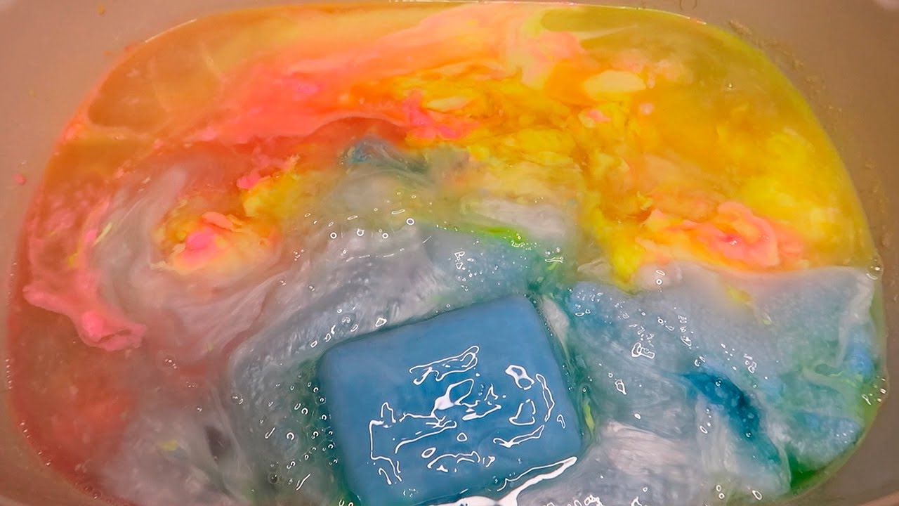 ASMR Neon Mushy Soap and Sponge 🎂 Soaked Soap 🎉 Sponge Squeezing