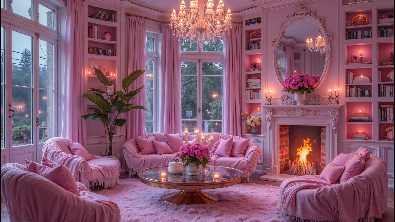 Peaceful Piano in Pink Winter Ambience ❄️🔥 Fireplace Glow, Candles & Romantic Vibes for Deep Sleep