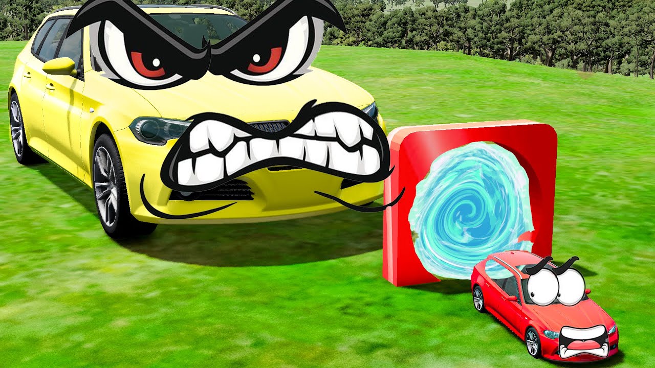 Angry Giant Car vs Small Car with Portal Trap - Portal Turns Mini Car into Big Car - BeamNG.Drive