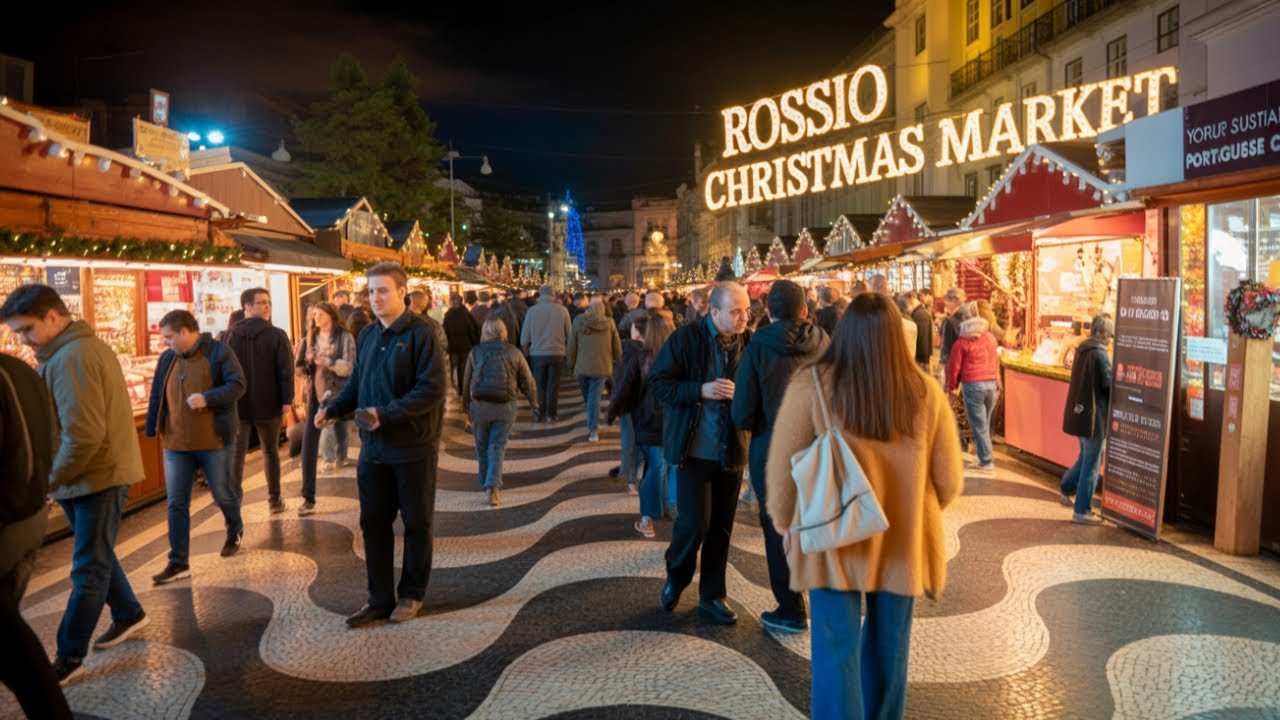 Lisbon Evening Walk 🇵🇹 Rossio Christmas Market 2025 🎄 4K Ultra HD