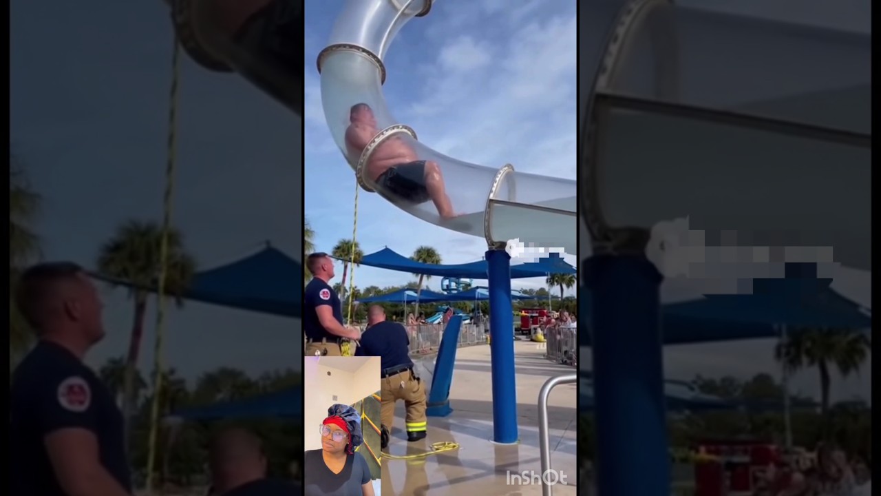Overweight man stuck in pool slide tube 😂💦#funny #pool #waterslide #comedy #summer #funnyvideo