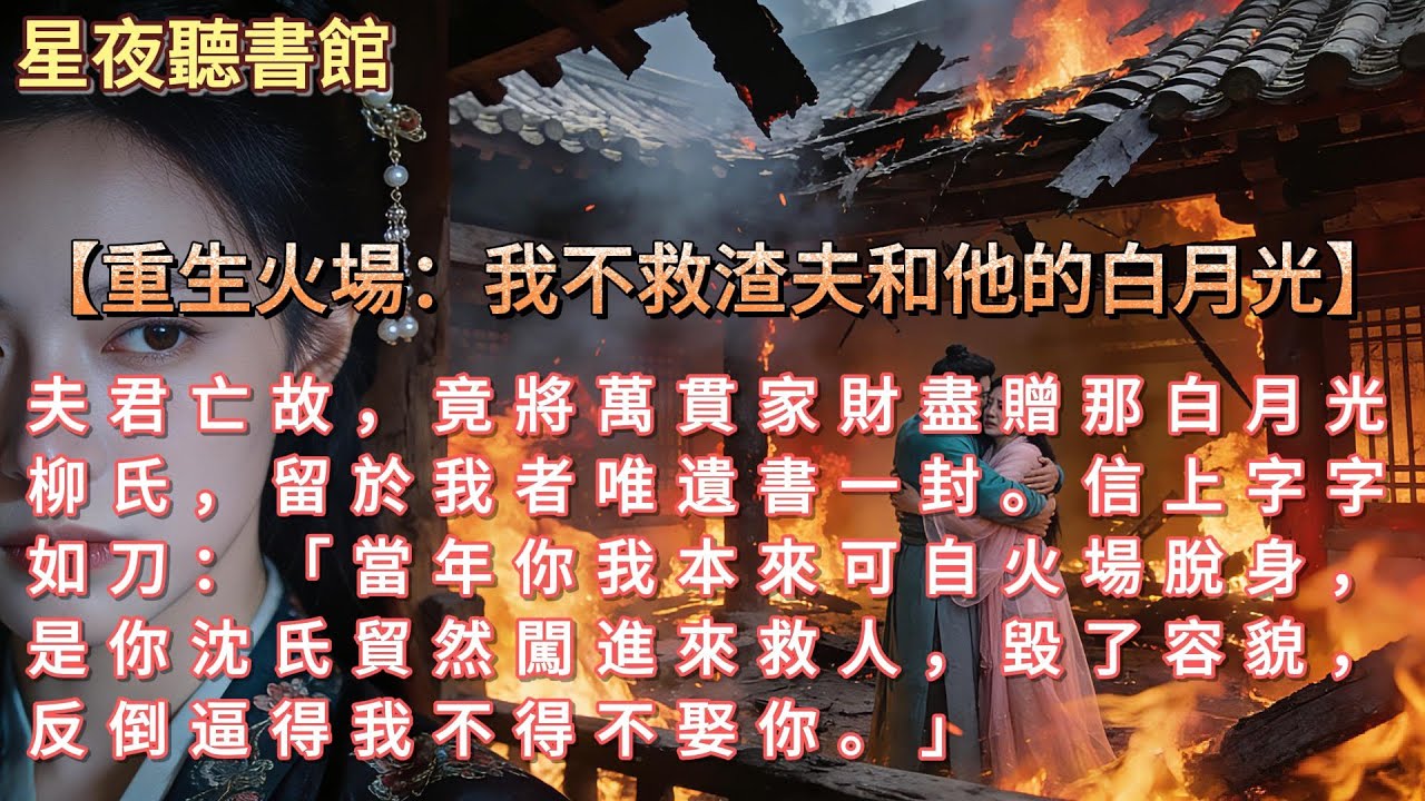 《重生火場：我不救渣夫和他的白月光》夫君亡故，竟將萬貫家財盡贈那白月光柳氏，留於我者唯遺書一封。信上字字如刀：「當年你我本來可自火場脫身，是你沈氏貿然闖進來救人，毀了容貌，反倒逼得我不得不娶你。」