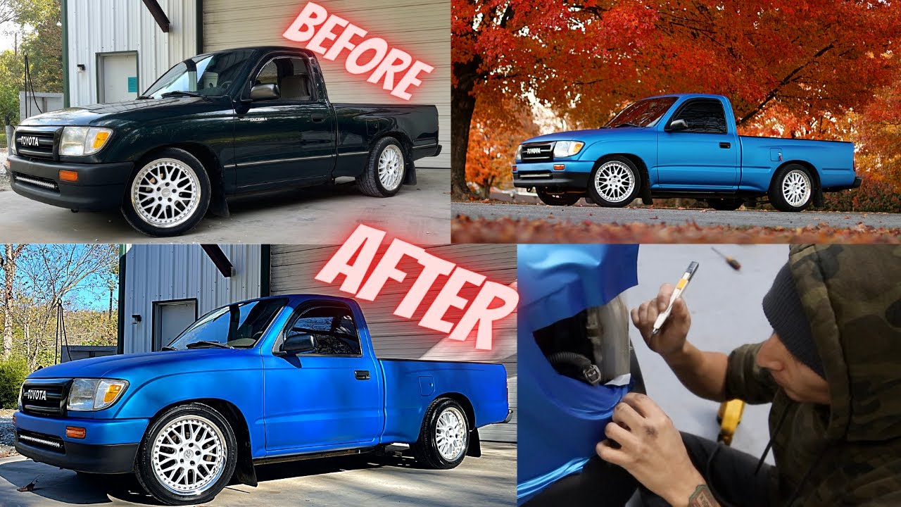 Vinyl wrapping toyota tacoma mini truck