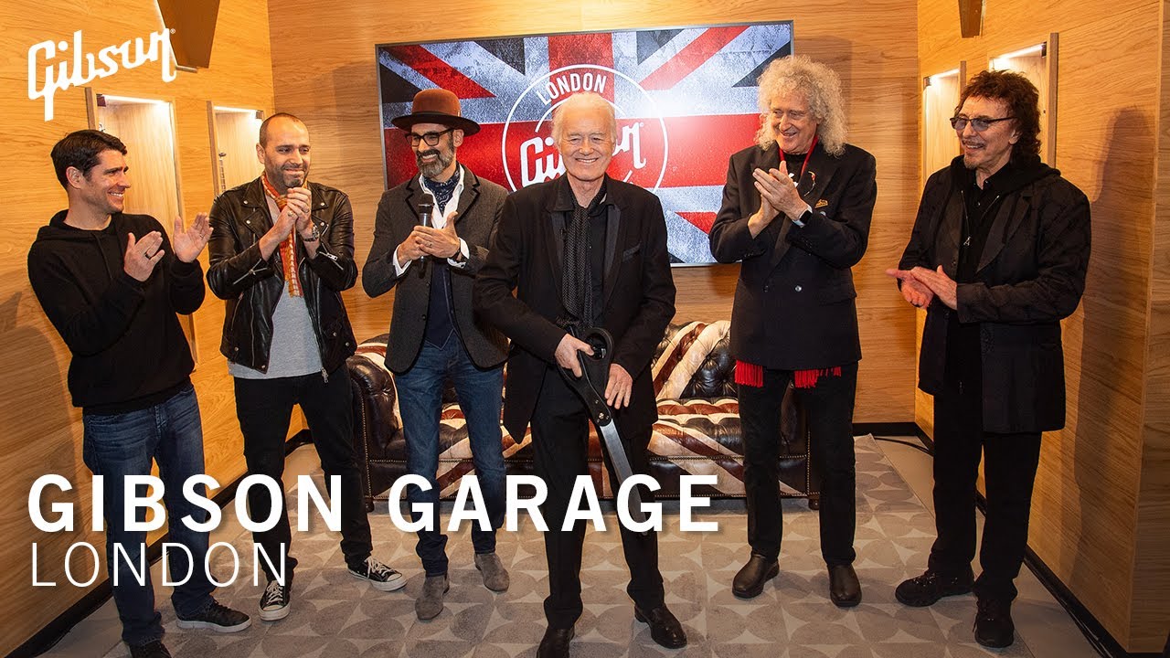 Jimmy Page, Tony Iommi & Sir Brian May празднуют открытие Gibson Garage в Лондоне, Великобритания
