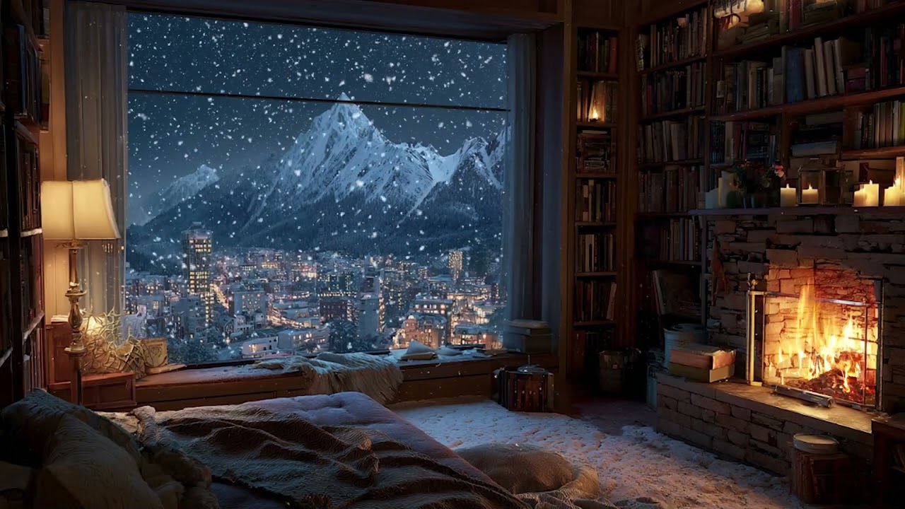 Quiet Snowy Cabin Evening | Warm Fireplace Crackles & Gentle Falling Snow for Sleep