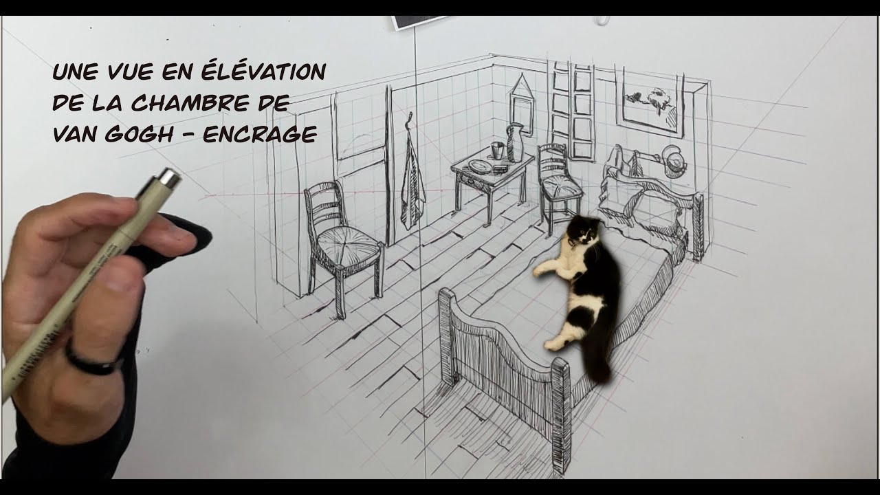 La chambre de Van Gogh en vue d'élévation en perspective à 2 pf - encrage