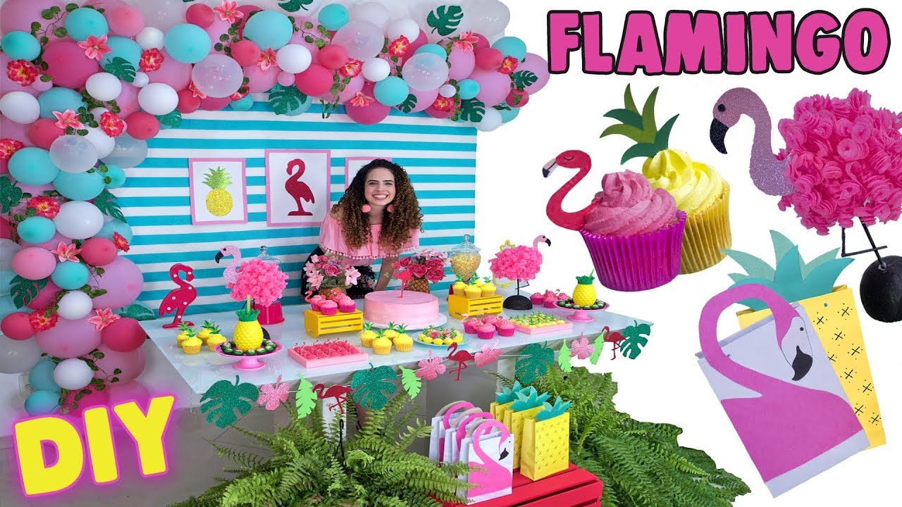 DIY MINHA FESTA DE ANIVERSÁRIO FLAMINGO TROPICAL | arranjo de bolas, centro de mesa, docinhos e +