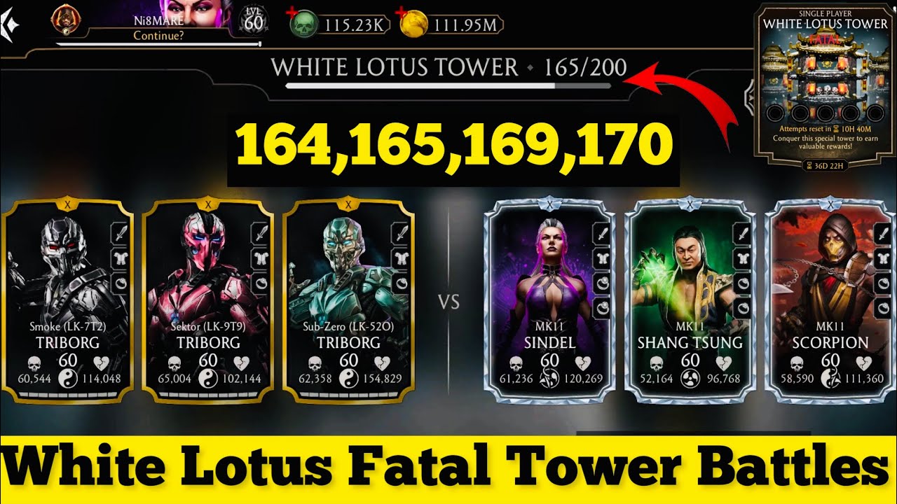 White Lotus Fatal Tower Hard Battle 164,165,169 & 170 Fight + Reward MK Mobile