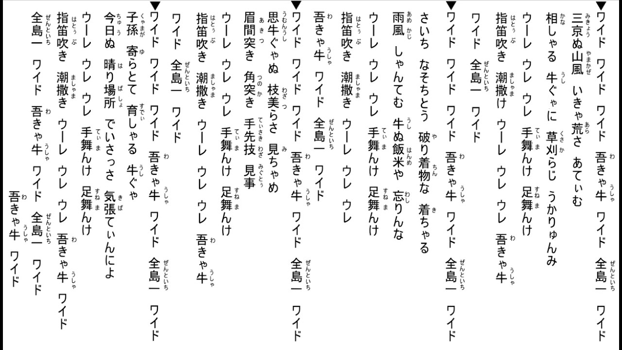 沖縄民謡歌詞　沖縄民謡動画　琉球民謡　大島民謡　ワイド節　宮国正樹　島唄リクエスト照喜名陽子　山本英子　田港あさみ　山本菜枝　太鼓・嘉数宜次　OkinawaMusic　沖縄民謡島唄動画全集