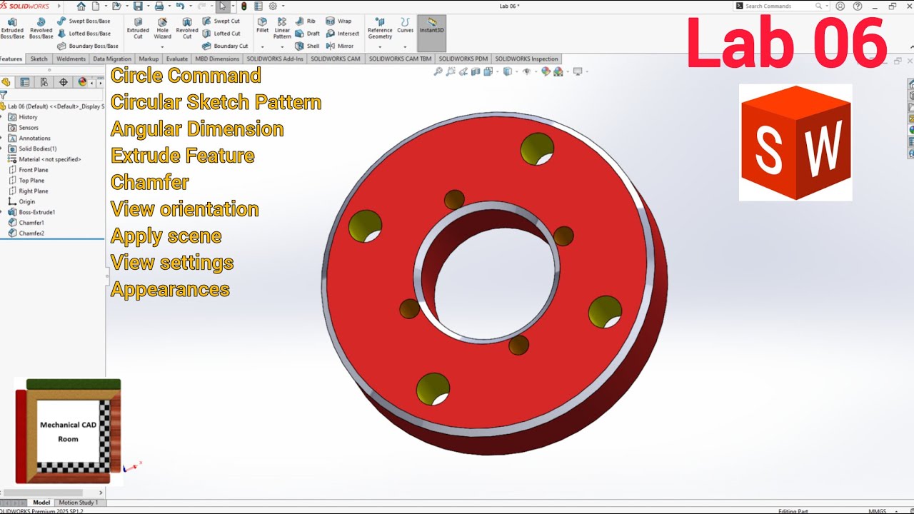 SolidWorks Tutorial for Beginners | Circle, Circular Sketch Pattern, Extrude & Chamfer | Lab 06