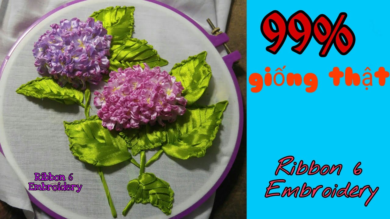 D.I.Y Ribbon embroidery. Hydrangea flower. Thêu ruy băng 3D .Hoa Cẩm Tú Cầu