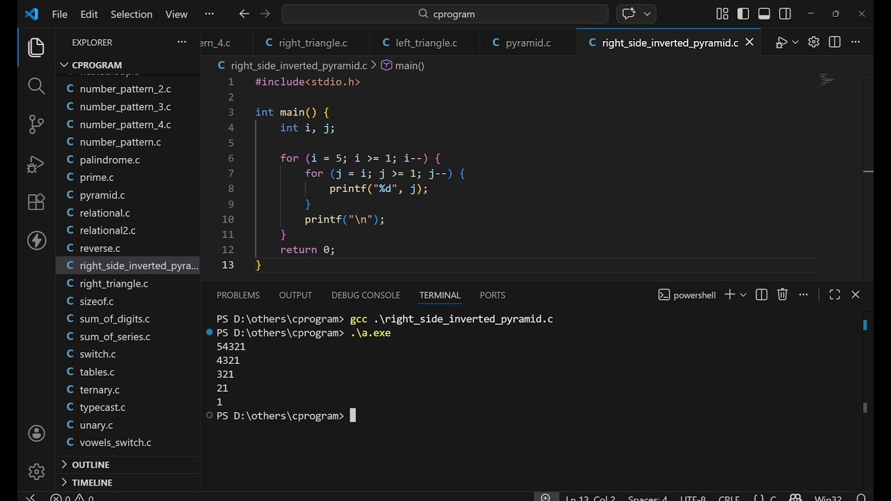 Printing right side of an inverted pyramid using C program using nested for loop