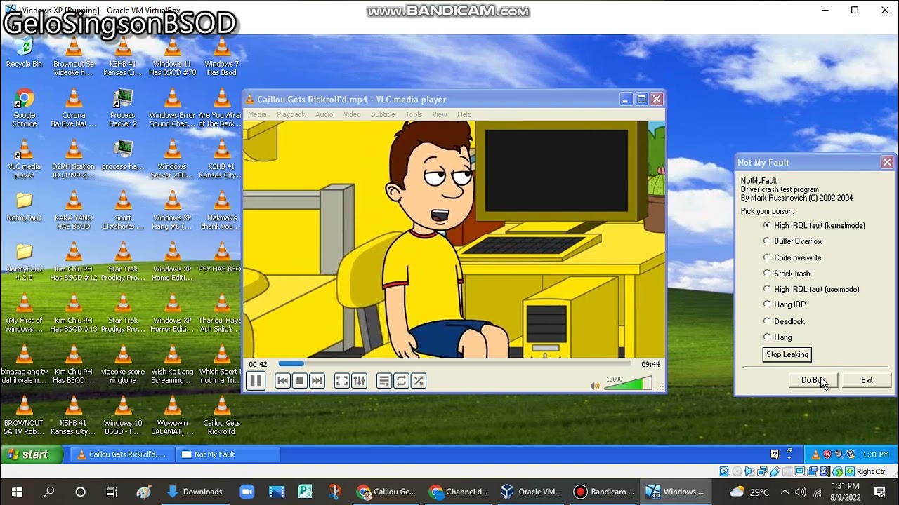 Caillou gets Rickrolled has BSOD VM (Windows XP)