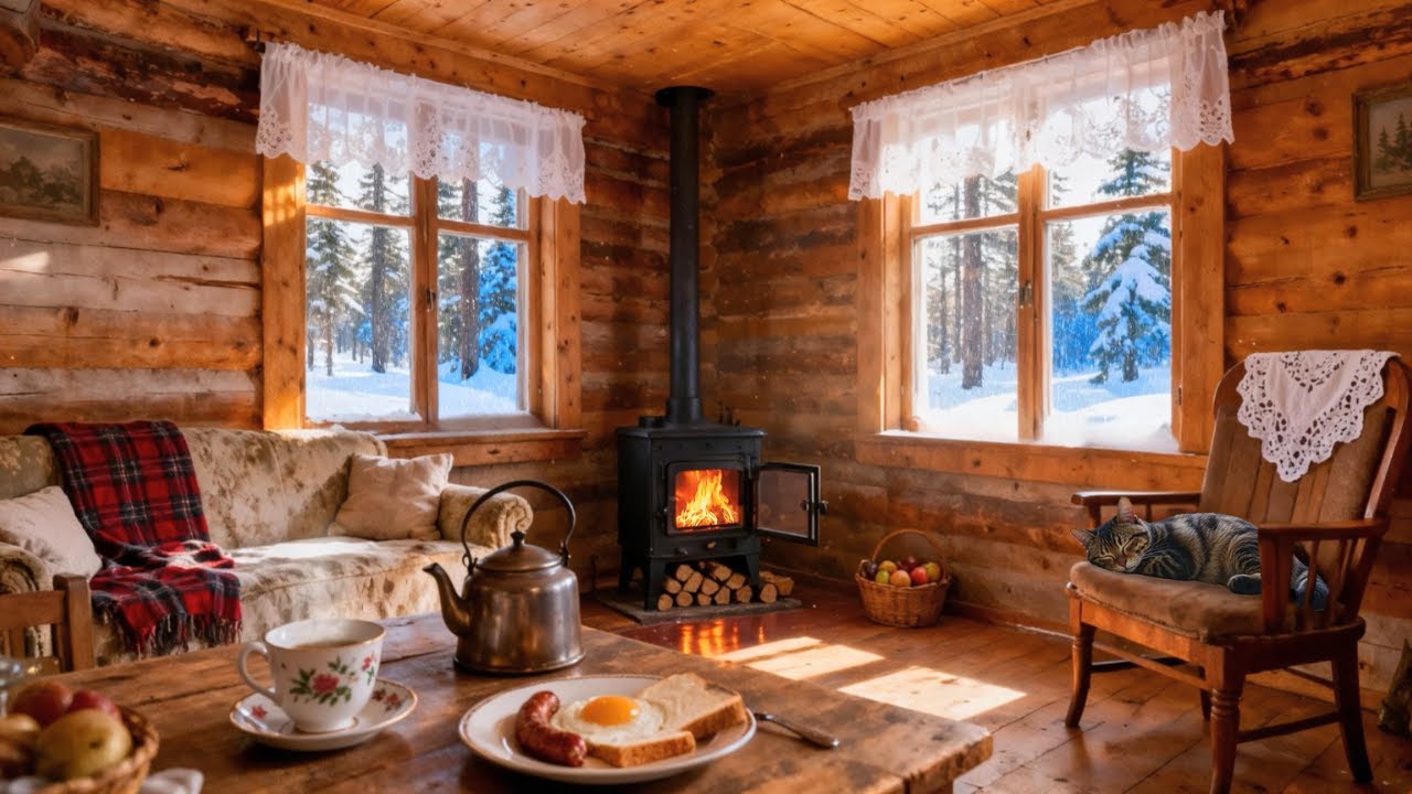 Cozy 1950s Winter Morning ❄️ Oldies Playing in Another Room | Vintage Cabin Fireplace