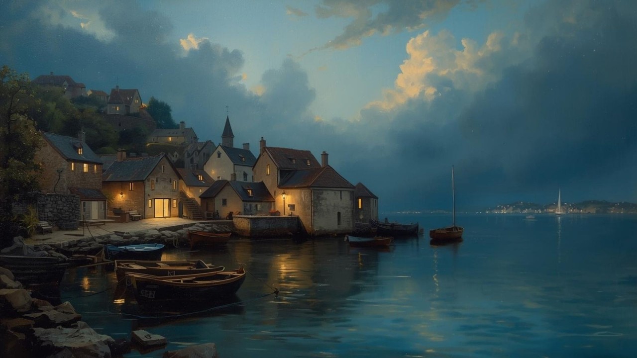 Italian Coastal Village At Night Cozy Moody Vintage Painting | Frame TV Art | 2-Hour Screensaver