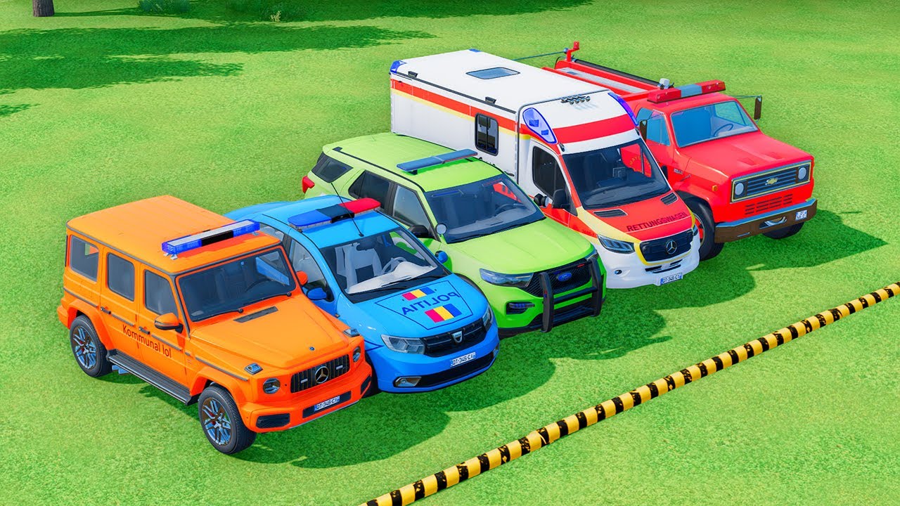 TRANSPORTING POLICE CARS, AMBULANCE, FIRE TRUCK, COLORFUL CARS WITH TRUCKS FARMING SIMULATOR 22!#037