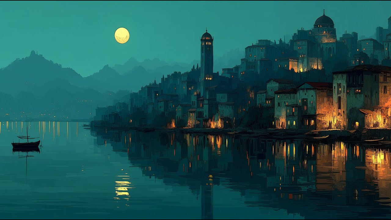 Fantasy Medieval Ambience — Moonlit Harbor City | Calm Ambient Music for Relaxation & Sleep